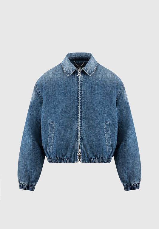 Denim Padded Cropped Bomber Jacket - Mid Blue