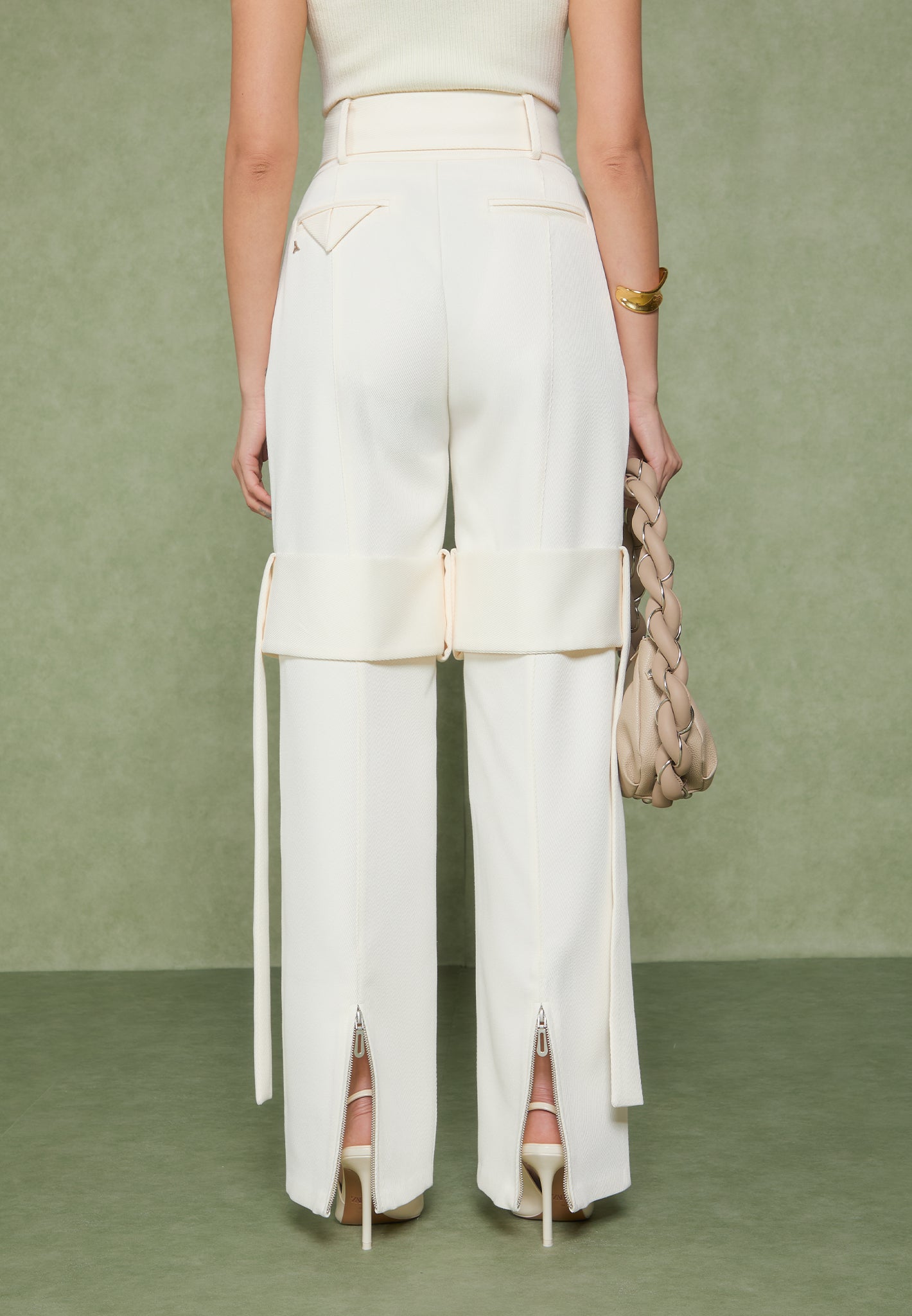 Tailored Belted Strap Detail Trousers - Cream