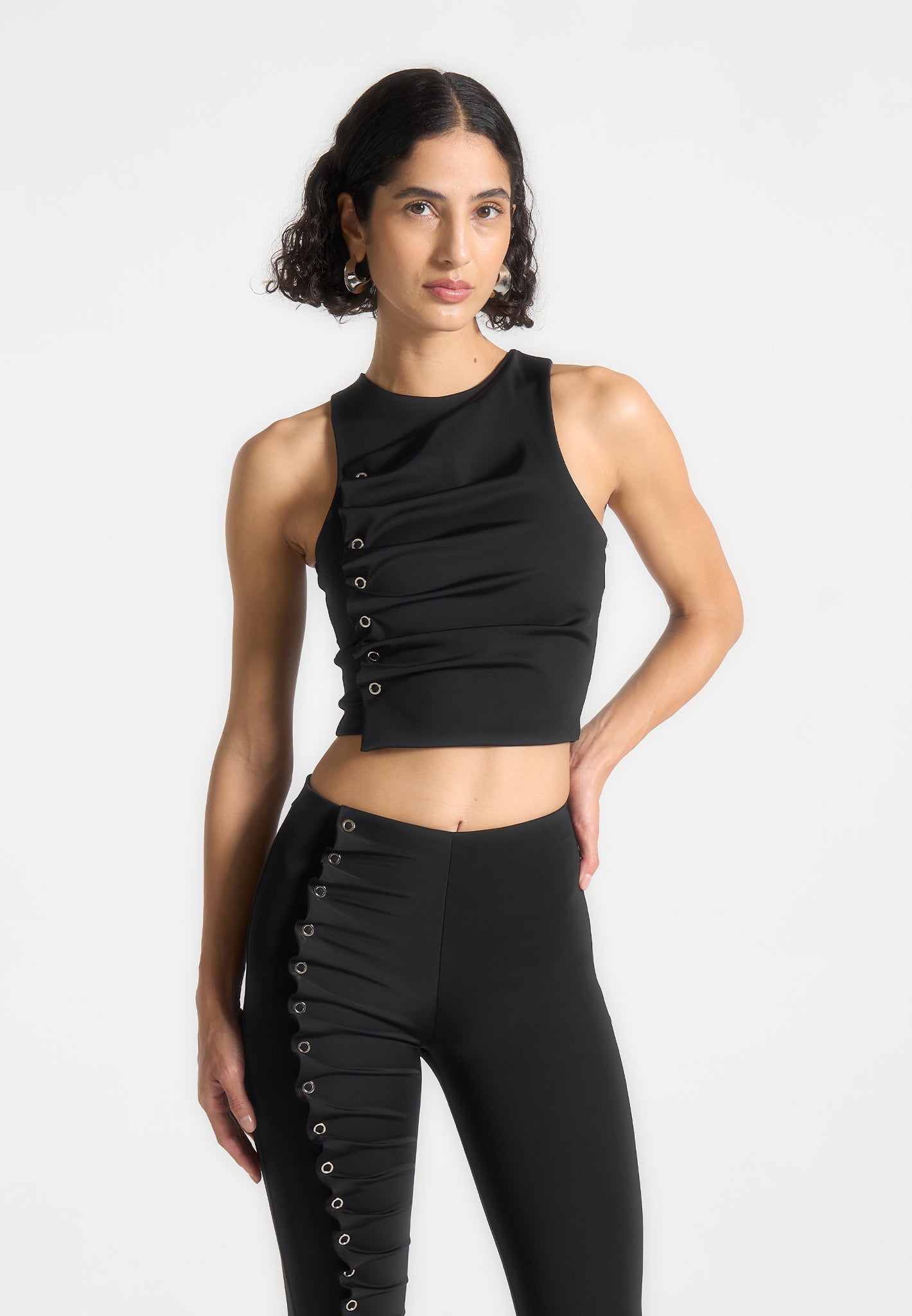 Eyelet Detail Tacked Racer Top  - Black