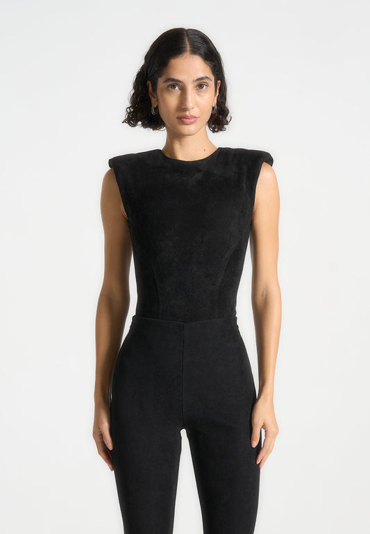 Wide Shoulder Suede Bodysuit - Black