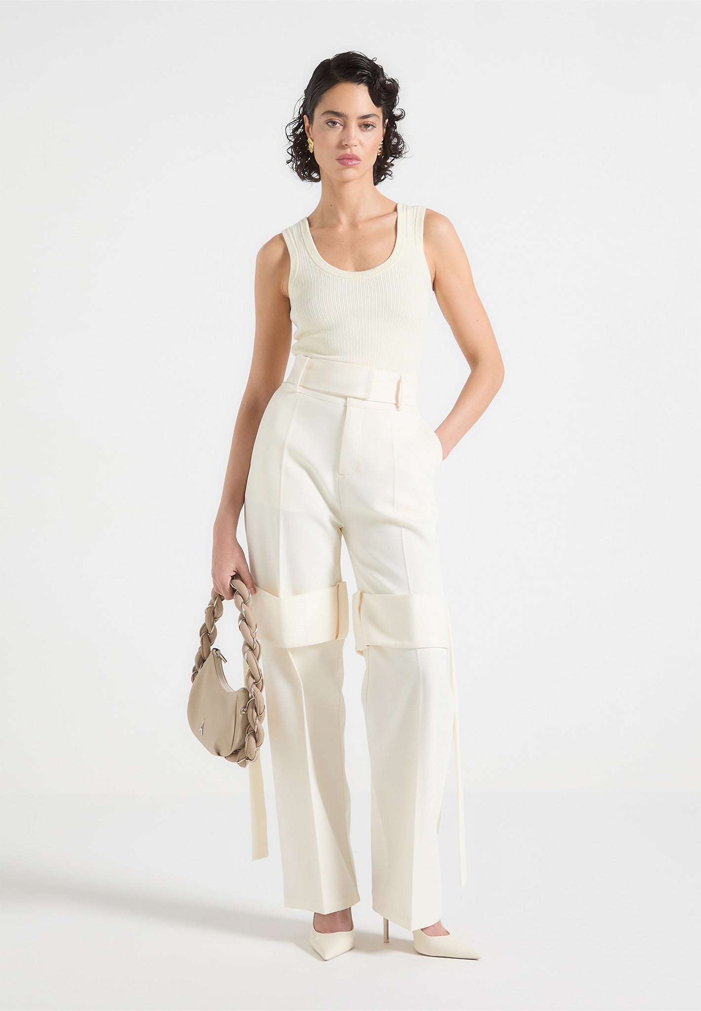 Tailored Belted Strap Detail Trousers - Cream