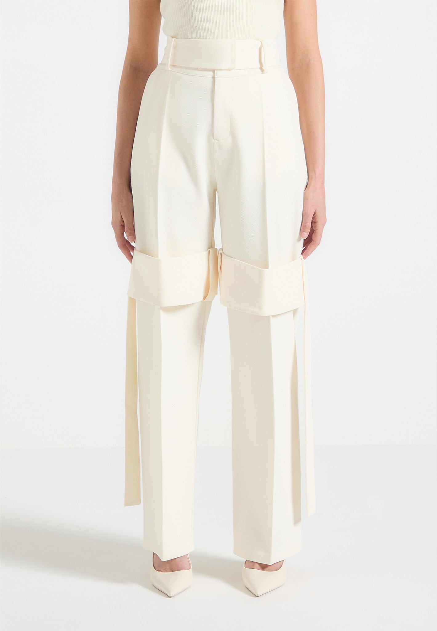 Tailored Belted Strap Detail Trousers - Cream