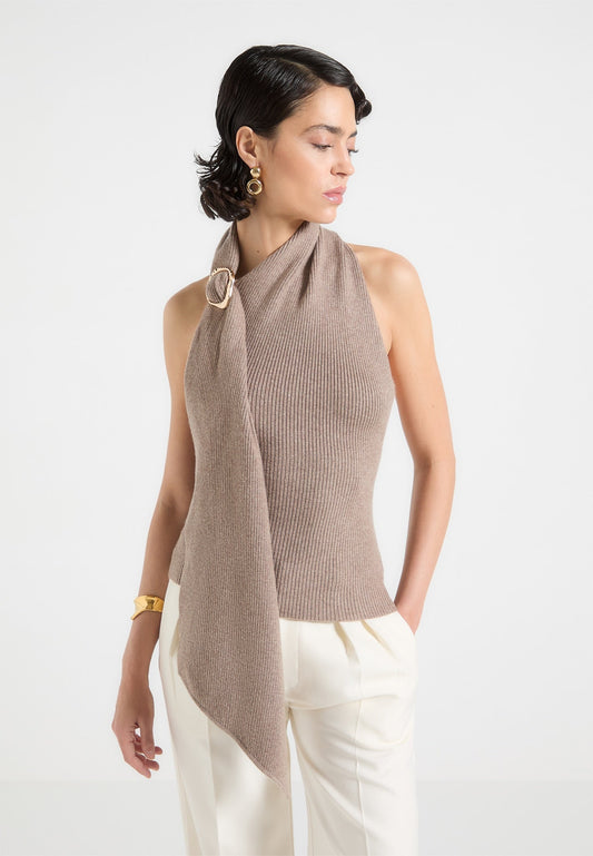 Knitted Draped Halterneck Top - Taupe