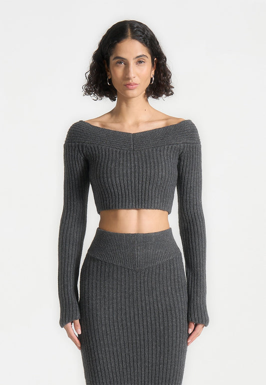 Off Shoulder Knit Crop Top - Grey Marl