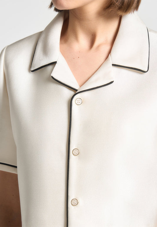 Satin Cropped Shirt with Piping - Cream