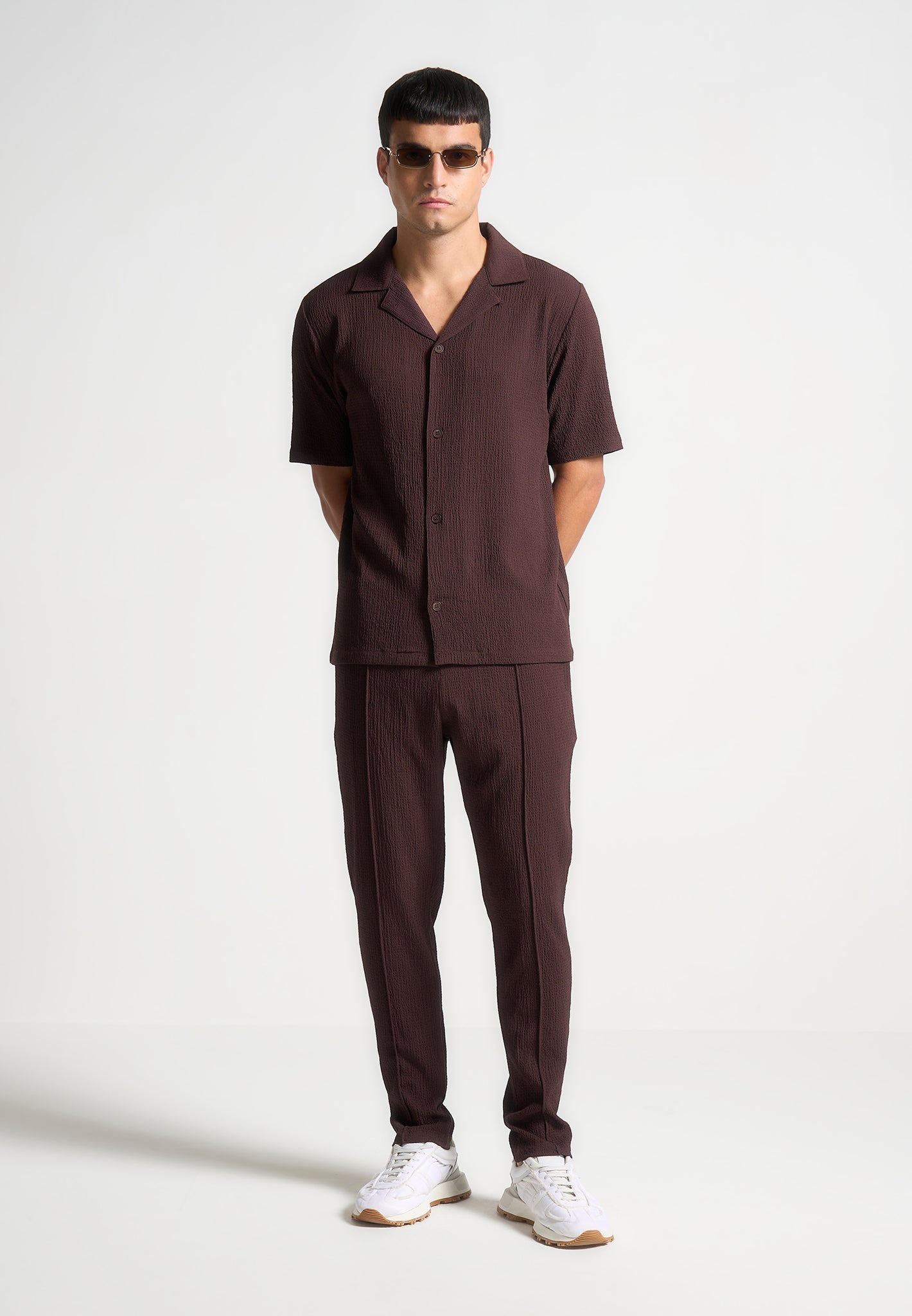 Seersucker Tapered Trousers - Brown