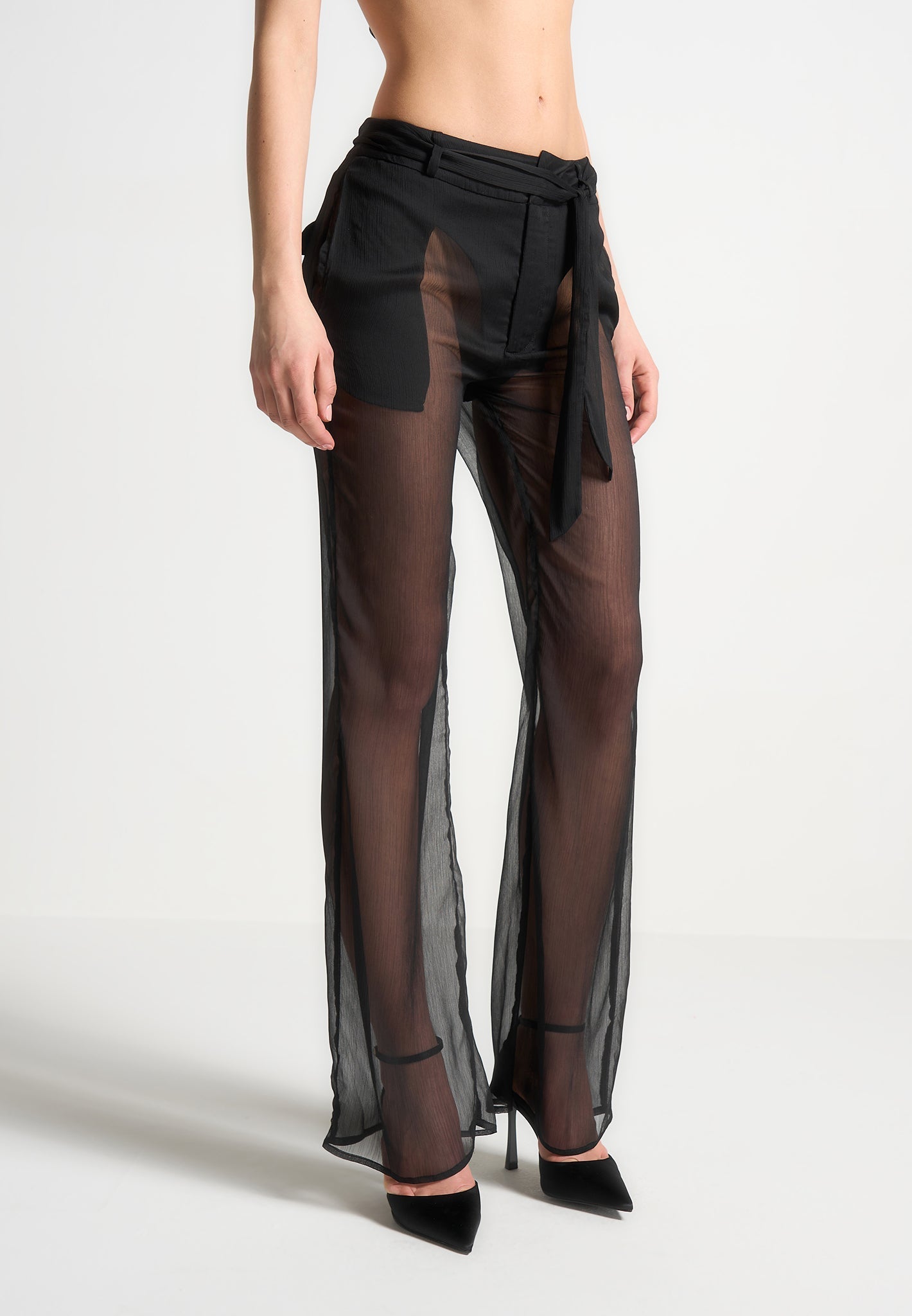 Sheer Belted Trousers - Black