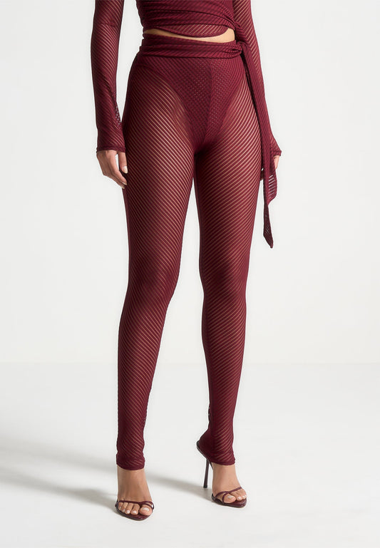 Ribbed Sheer Leggings with Tie - Wine Red