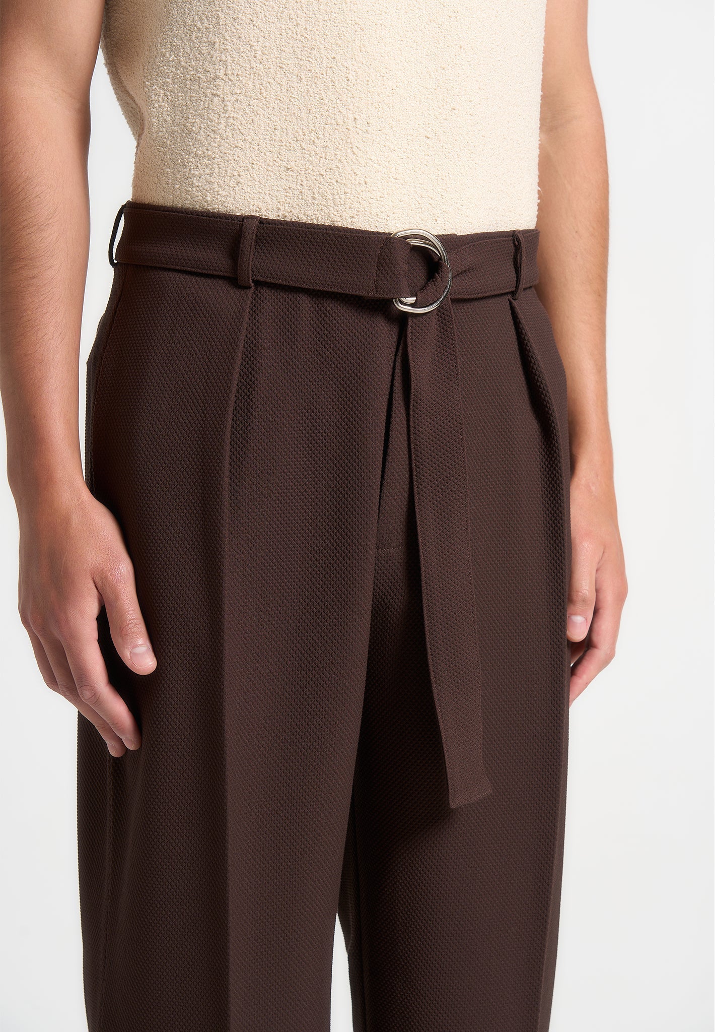 Relaxed Fit Textured Belted Tailored Trousers - Brown